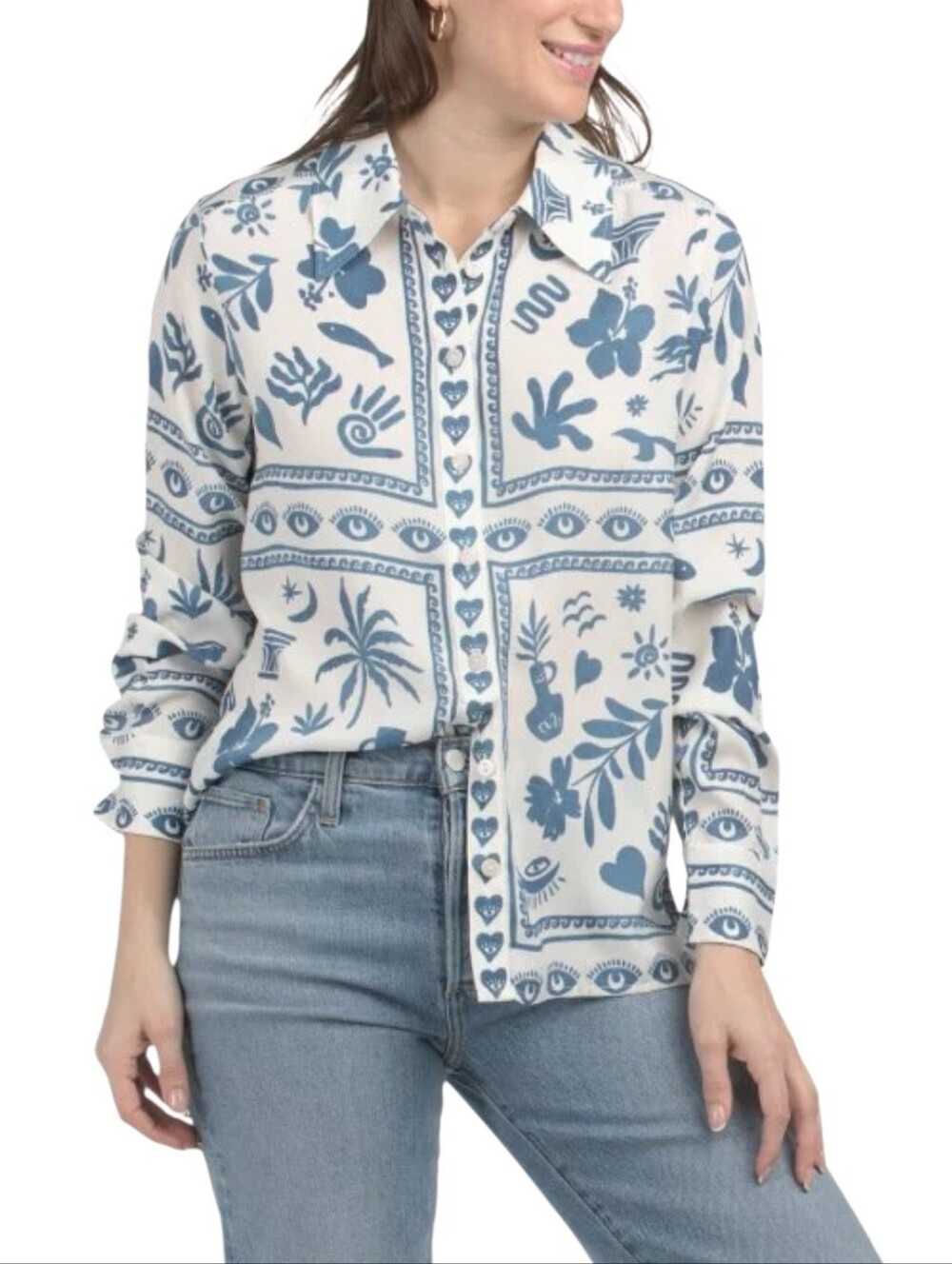 Rachel Zoe Blue and Ivory Novelty Print Button-Down Coastal Lightweight Blouse